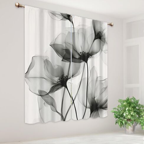 ستائر زهرية رمادية لغرفة النوم 42 عرض × 63 ارتفاع بوصة قضيب جيب أبيض وأسود حبر زهرة ألوان مائية ربيع بساطتها الحديثة البسيطة الجمالية 2 لوحة معالجة النافذة لديكور غرفة المعيشة in Kuwait