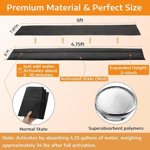 10 قطع من حاجز الماء المنشط للفيضانات 5 أقدام × 7.8 بوصة حواجز ماصة للفيضانات للمنزل بدون رمل، محول مياه قابل لإعادة الاستخدام لباب المرآب والطابق السفلي لمنع المطر in Kuwait