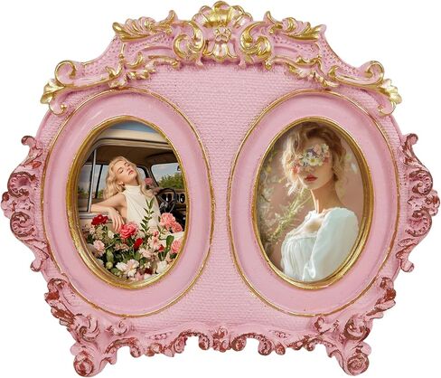 Vintage Double Picture Frame 2.5x3.5, Gold 2-Opening Oval Photo Frames Horizontal for Family Portraits, Antique Style Home Office Shelf Desk Décor in Kuwait