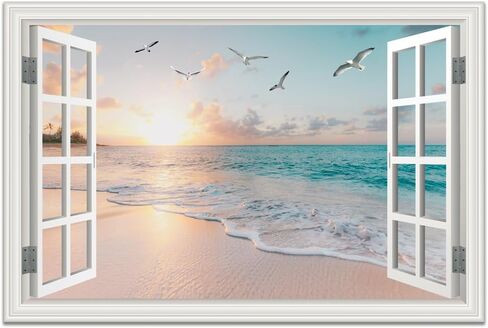 Beach Wall Art Picture for Living Room - Ocean Canvas Art Print for Bedroom - White Fake Window Frame Style Wall Decor Sunset - Seascape Painting for Bathroom Office Home Decoration 24x36inch in Saudi Arabia