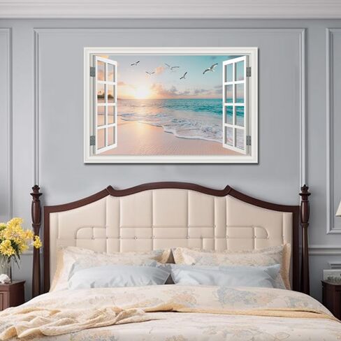 Beach Wall Art Picture for Living Room - Ocean Canvas Art Print for Bedroom - White Fake Window Frame Style Wall Decor Sunset - Seascape Painting for Bathroom Office Home Decoration 24x36inch in Saudi Arabia