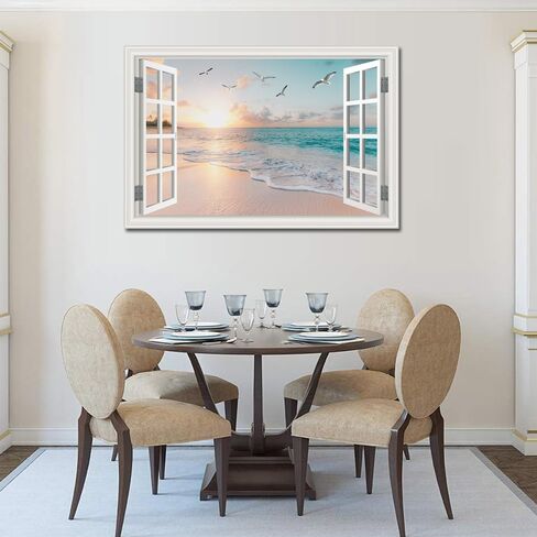 Beach Wall Art Picture for Living Room - Ocean Canvas Art Print for Bedroom - White Fake Window Frame Style Wall Decor Sunset - Seascape Painting for Bathroom Office Home Decoration 24x36inch in Saudi Arabia
