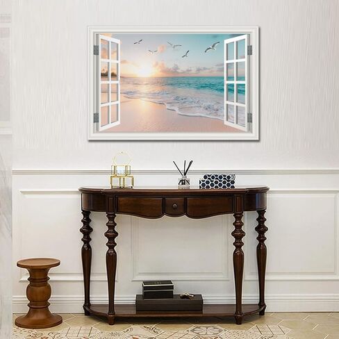 Beach Wall Art Picture for Living Room - Ocean Canvas Art Print for Bedroom - White Fake Window Frame Style Wall Decor Sunset - Seascape Painting for Bathroom Office Home Decoration 24x36inch in Saudi Arabia