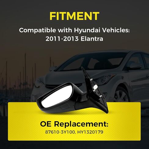 مرآة جانبية للسائق (يسار/LH) متوافقة مع Hyundai Elantra 2011-2013، ضبط الطاقة، قابلة للطي يدويًا، مع إشارة الانعطاف، موصل 5 دبابيس، غطاء أسود، يستبدل 87610-3Y100، HY1320179 in Saudi Arabia