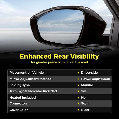 مرآة جانبية للسائق (يسار/LH) متوافقة مع Hyundai Elantra 2011-2013، ضبط الطاقة، قابلة للطي يدويًا، مع إشارة الانعطاف، موصل 5 دبابيس، غطاء أسود، يستبدل 87610-3Y100، HY1320179 in Saudi Arabia