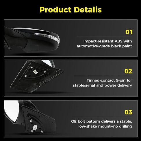 مرآة جانبية للسائق (يسار/LH) متوافقة مع Hyundai Elantra 2011-2013، ضبط الطاقة، قابلة للطي يدويًا، مع إشارة الانعطاف، موصل 5 دبابيس، غطاء أسود، يستبدل 87610-3Y100، HY1320179 in Saudi Arabia