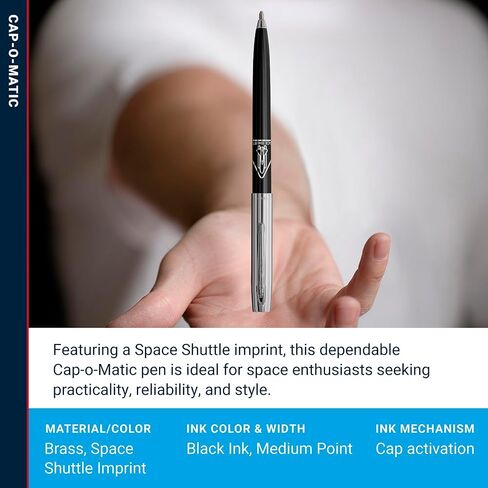 Fisher Space Pen Chrome Space Shuttle Imprint Cap-O-Matic Pen, Pressurized Ballpoint Pen, Writes Upside Down and in Extreme Temperatures, Black Ink, Medium Point, Pocket Clip, Made in the USA in Saudi Arabia