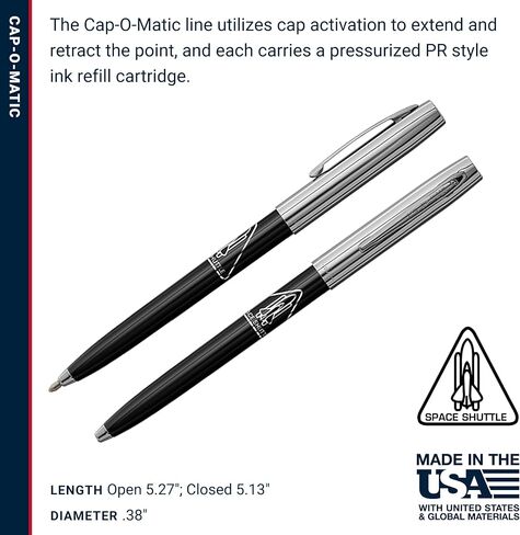 Fisher Space Pen Chrome Space Shuttle Imprint Cap-O-Matic Pen, Pressurized Ballpoint Pen, Writes Upside Down and in Extreme Temperatures, Black Ink, Medium Point, Pocket Clip, Made in the USA in Saudi Arabia
