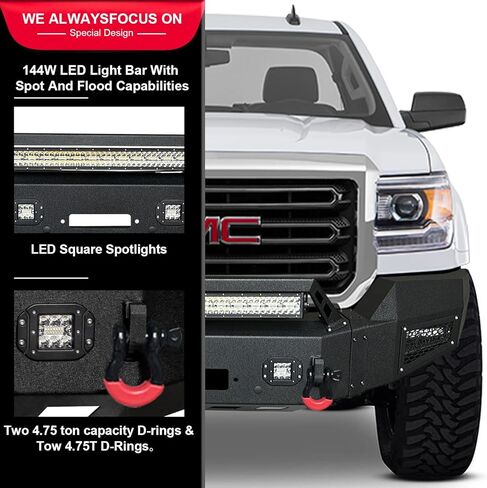 المصد الأمامي والخلفي ذو نسيج أسود مطور متوافق مع 15-19 جي إم سي سييرا 2500 3500 مع لوحة ونش و5 مصابيح LED وحلقتين على شكل حرف D in Kuwait