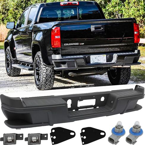 مجموعة المصد الخلفي من الفولاذ لـ 2015-2022 Chevy Colorado & 2015-2022 GMC Canyon بدون فتحات مستشعر بارك، استبدال المصد الخلفي الأسود لGM1103180، مع أقواس الوسادات وأضواء لوحة الترخيص in Saudi Arabia