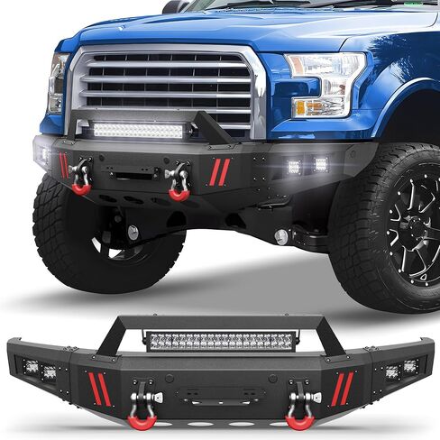 المصد الأمامي F150 مع لوحة ونش لسيارة Ford F-150 (باستثناء رابتور) 2018-2020 مصد أسود مزخرف مع حلقات على شكل حرف D، وشريط إضاءة طويل 144 وات، ودعامة لوحة الترخيص in Kuwait