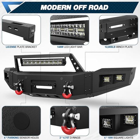 F150 Front Bumper with Winch Plate for 2018-2020 Ford F-150 (Excluding Raptor) Textured Black Bumper with D-rings, 144W Long Light Bar, License Plate Bracket in Saudi Arabia