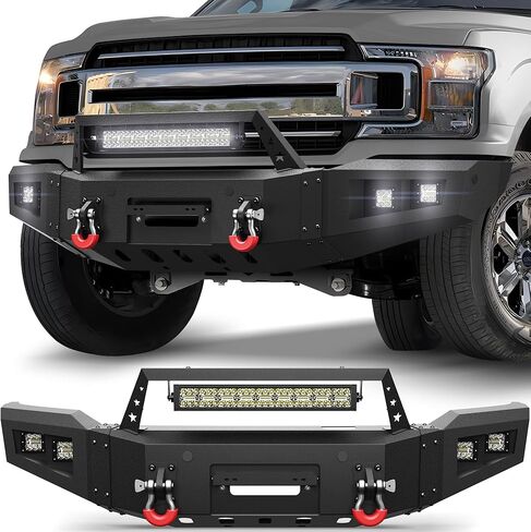 F150 Front Bumper with Winch Plate for 2018-2020 Ford F-150 (Excluding Raptor) Textured Black Bumper with D-rings, 144W Long Light Bar, License Plate Bracket in Saudi Arabia