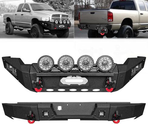 Front and Rear Bumpers Black Compatible with 2003-2004-2005 Ram 2500/3500 Steel with 13000lbs Winch Plate and Lights and 4.75T D-Rings (Front+Rear Bumpers (Round Light Bar))) in Saudi Arabia