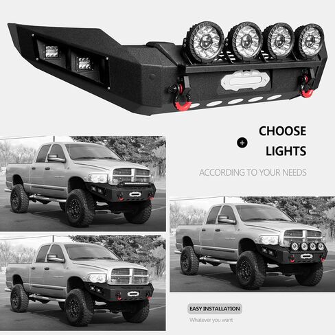 Front and Rear Bumpers Black Compatible with 2003-2004-2005 Ram 2500/3500 Steel with 13000lbs Winch Plate and Lights and 4.75T D-Rings (Front+Rear Bumpers (Round Light Bar))) in Saudi Arabia