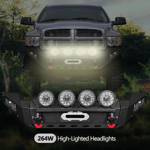 Front and Rear Bumpers Black Compatible with 2003-2004-2005 Ram 2500/3500 Steel with 13000lbs Winch Plate and Lights and 4.75T D-Rings (Front+Rear Bumpers (Round Light Bar))) in Saudi Arabia