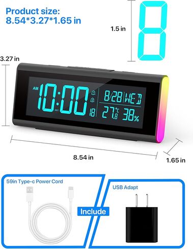 ساعات منبه ماشي لغرف النوم، ساعة رقمية LED مقاس 8.54 بوصة مع ضوء ليلي متغير 9 ألوان، سطوع قابل للتعديل، التوقيت الصيفي، نوم ثقيل، درجة حرارة لغرفة المعيشة، هدية مثالية للأطفال والمراهقين وكبار السن in Kuwait