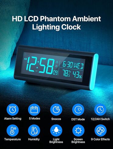 ساعات منبه ماشي لغرف النوم، ساعة رقمية LED مقاس 8.54 بوصة مع ضوء ليلي متغير 9 ألوان، سطوع قابل للتعديل، التوقيت الصيفي، نوم ثقيل، درجة حرارة لغرفة المعيشة، هدية مثالية للأطفال والمراهقين وكبار السن in Kuwait