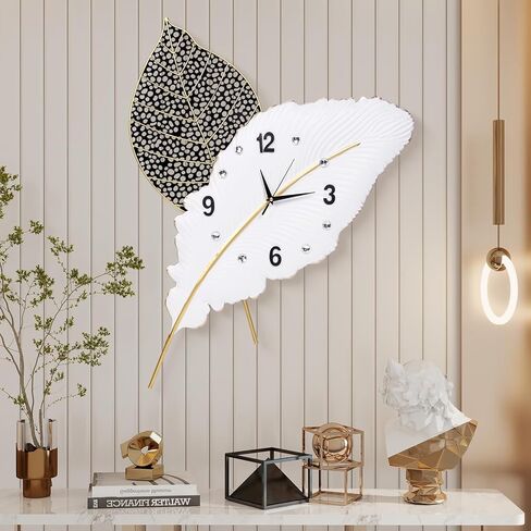 18x27 inch Large Modern Feather Leaf Shape Wall Clock for Living Room Decor, White Unique Silent Decorative Art Clock for Home Bedroom Office Dining Kitchen in Saudi Arabia