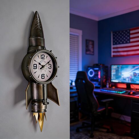 ساعة حائط صاروخية لديكور الفضاء، هدايا الطيار، هدايا الطيران، ديكور حائط معدني صناعي للرجال، فن صاروخ فضائي عتيق مستوحى من ديكور كهف الرجل، منحوتة حائط فريدة لغرفة المعيشة، المكتب، غرفة الأولاد in Kuwait