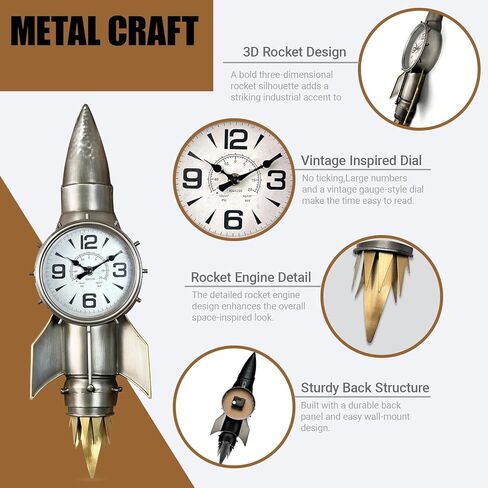 ساعة حائط صاروخية لديكور الفضاء، هدايا الطيار، هدايا الطيران، ديكور حائط معدني صناعي للرجال، فن صاروخ فضائي عتيق مستوحى من ديكور كهف الرجل، منحوتة حائط فريدة لغرفة المعيشة، المكتب، غرفة الأولاد in Kuwait