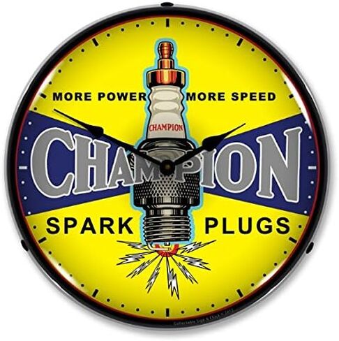 New Champion Plugs Vintage Style Advertising LED Lighted Retro Clock - Ships Free Next Business Day to Lower 48 States in Saudi Arabia