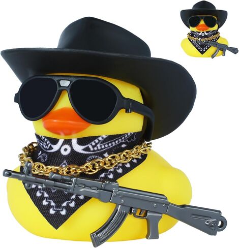 1pc Black Gangster Rubber Duck Car Accessories with Cowboy Hat, Sunglasses, Bandana & AK47 Toy, Funny Squeaky Duck Decor for Car Dashboard, Office, Home - Stress Reliever Gift in Kuwait