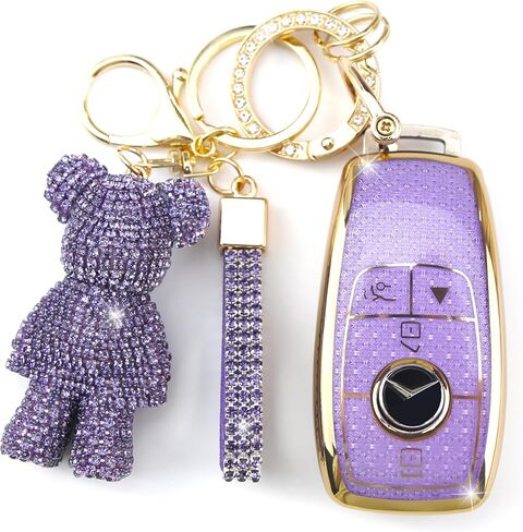 Cute Key Fob Cover with Rhinestone Bear Charm, Bling TPU Smart Key Case for Women, Compatible with Benz A C E S G GLA GLC GLE GLS CLA CLS GT (4-Button, Purple-Gold) in Kuwait
