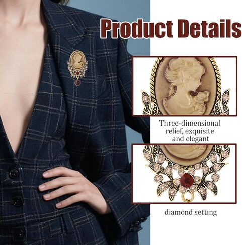 Vintage Victorian Cameo Brooch Pin, Retro 1920s Flapper Style, Crystal Embroidered Figural Design, Elegant Lapel Collar Scarf Badge in Kuwait