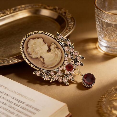 Vintage Victorian Cameo Brooch Pin, Retro 1920s Flapper Style, Crystal Embroidered Figural Design, Elegant Lapel Collar Scarf Badge in Kuwait