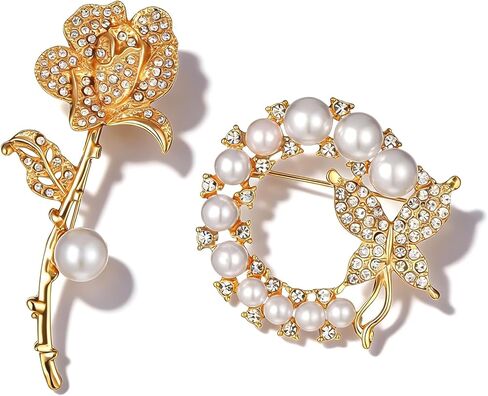 2Pcs Gold Rose Brooch and Pearl Butterfly Brooch for Women - Elegant Flower Broochs Pins for Women,Gift for Any Occasion in Saudi Arabia
