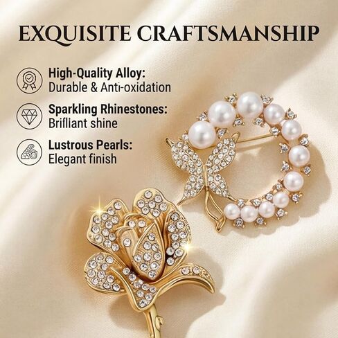2Pcs Gold Rose Brooch and Pearl Butterfly Brooch for Women - Elegant Flower Broochs Pins for Women,Gift for Any Occasion in Saudi Arabia