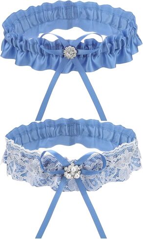 2 Pcs Blue Lace Wedding Garters Bridal Garter Set for Pearl Stretch Prom Garter Women Bride Something Blue Gift Lace Garters Belt Set in Kuwait