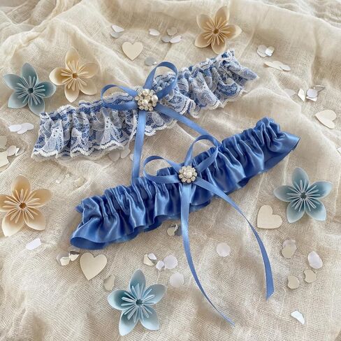 2 Pcs Blue Lace Wedding Garters Bridal Garter Set for Pearl Stretch Prom Garter Women Bride Something Blue Gift Lace Garters Belt Set in Kuwait