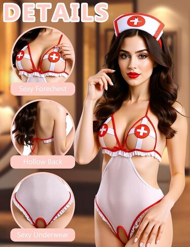 Sexy Nurse Costume Lingerie Set,Women's Teddy Bodysuit with Cap, Adult Roleplay Costume in Saudi Arabia