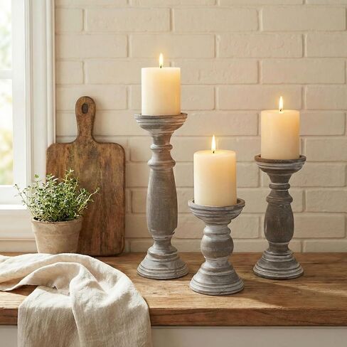 Rustic Wooden Pillar Candle Holders Set of 3, 12'' 9'' 6'' Farmhouse Wood Candle Stand for Table Centerpieces, Vintage Tall Candleholders Fireplace Mantel Decor for Living Room, Grey in Kuwait