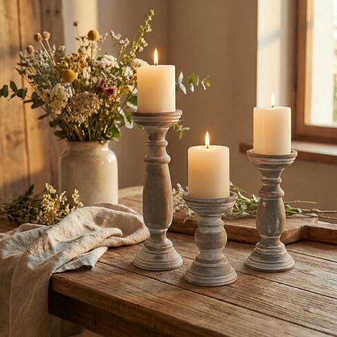 Rustic Wooden Pillar Candle Holders Set of 3, 12'' 9'' 6'' Farmhouse Wood Candle Stand for Table Centerpieces, Vintage Tall Candleholders Fireplace Mantel Decor for Living Room, Grey in Kuwait
