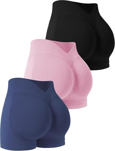 3 قطع من شورتات التمارين الرياضية النسائية ذات الخصر العالي لرفع المؤخرة واليوجا بدون خياطة للنساء مع قصة على شكل حرف V من الخلف in Kuwait