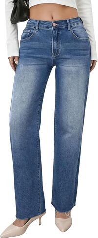 Women's Wide Leg Jeans High Waisted Stretchy Petite-Friendly - Frayed Raw Hem Casual Straight Leg Pants in Saudi Arabia