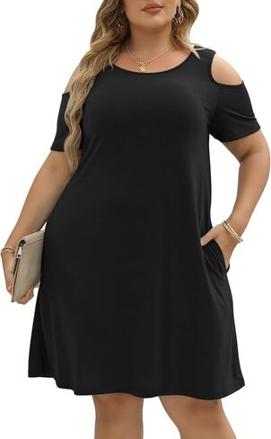 Nemidor Women's Cold Shoulder Plus Size Casual T-Shirt Stretchy Swing Dress with Pockets in Kuwait