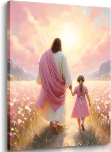 Jesus Walking with Girl Canvas Wall Art Christian The Way He Leads Wall Decor Picture I will walk with Christ Poster Print Religious God Artwork for Baby Girl Kids Prayer Room Decor 8x10in canvas in Saudi Arabia