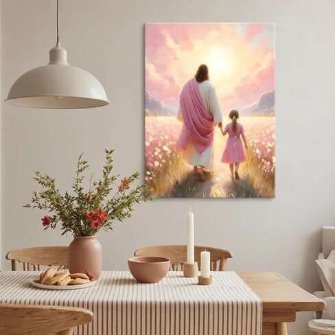 Jesus Walking with Girl Canvas Wall Art Christian The Way He Leads Wall Decor Picture I will walk with Christ Poster Print Religious God Artwork for Baby Girl Kids Prayer Room Decor 8x10in canvas in Saudi Arabia