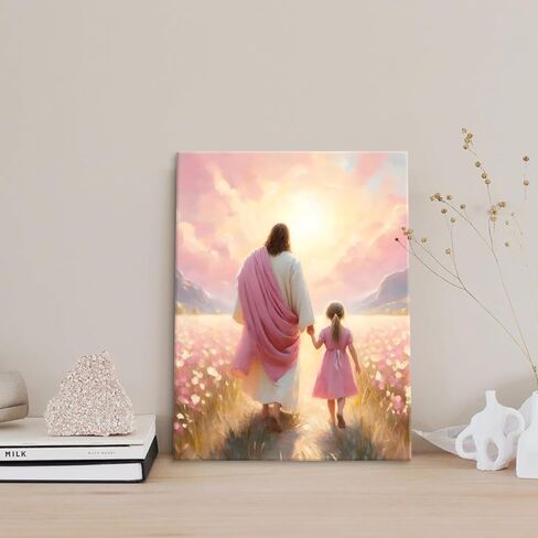 Jesus Walking with Girl Canvas Wall Art Christian The Way He Leads Wall Decor Picture I will walk with Christ Poster Print Religious God Artwork for Baby Girl Kids Prayer Room Decor 8x10in canvas in Saudi Arabia