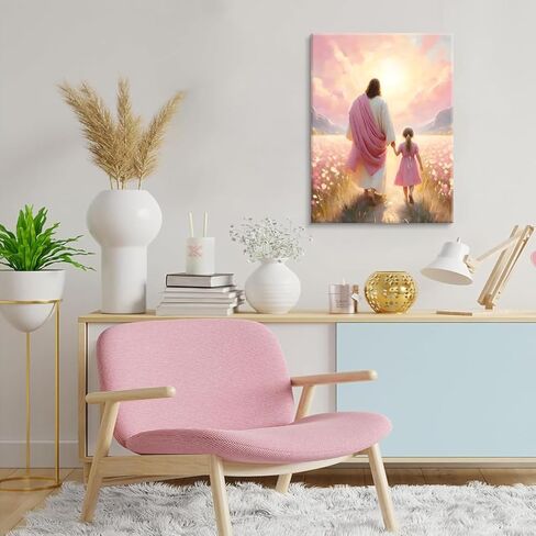 Jesus Walking with Girl Canvas Wall Art Christian The Way He Leads Wall Decor Picture I will walk with Christ Poster Print Religious God Artwork for Baby Girl Kids Prayer Room Decor 8x10in canvas in Saudi Arabia