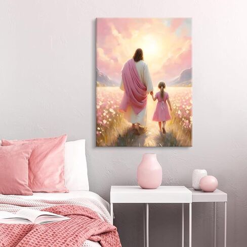 Jesus Walking with Girl Canvas Wall Art Christian The Way He Leads Wall Decor Picture I will walk with Christ Poster Print Religious God Artwork for Baby Girl Kids Prayer Room Decor 8x10in canvas in Saudi Arabia