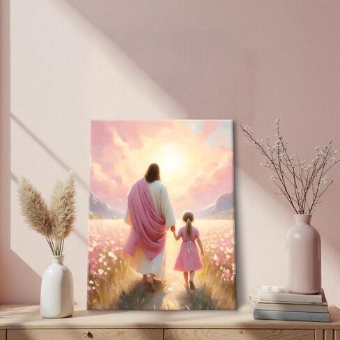 Jesus Walking with Girl Canvas Wall Art Christian The Way He Leads Wall Decor Picture I will walk with Christ Poster Print Religious God Artwork for Baby Girl Kids Prayer Room Decor 8x10in canvas in Saudi Arabia