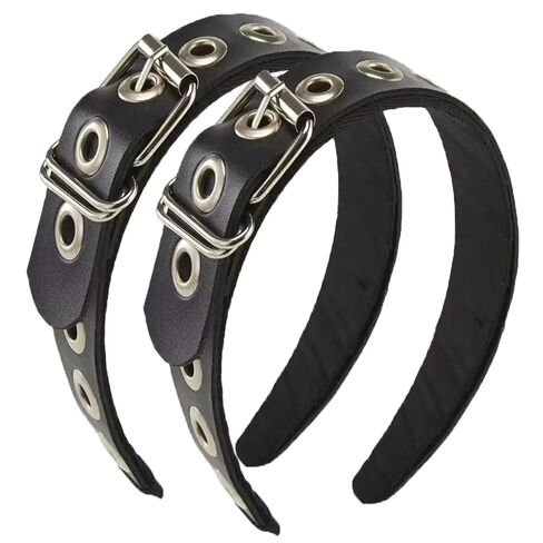 Gothic Punk Style Metal Buckle Headband for Women, Belt design Black Leather Headband, 2-Piece Set Hair Accessories in Kuwait