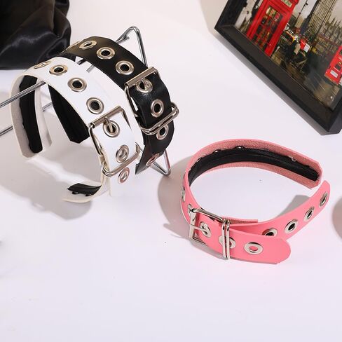 Gothic Punk Style Metal Buckle Headband for Women, Belt design Black Leather Headband, 2-Piece Set Hair Accessories in Kuwait