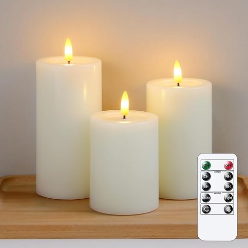 Remote Flameless Flickering Pillar Candles with Candle Grease Effect,Pack of 3 Ivory LED Battery Oprated 2/4/6/8 Hours Timer Real Wax Electric Candles(3x4,5,6 Inches) in Saudi Arabia