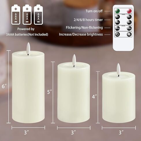 Remote Flameless Flickering Pillar Candles with Candle Grease Effect,Pack of 3 Ivory LED Battery Oprated 2/4/6/8 Hours Timer Real Wax Electric Candles(3x4,5,6 Inches) in Saudi Arabia
